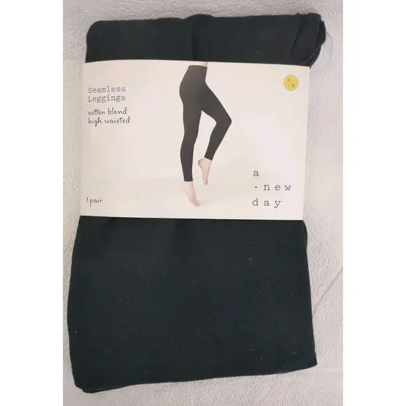 1 Pair Seamless Leggings Cotton Blend High Waist Sm/Med Black - Picture 2 of 5